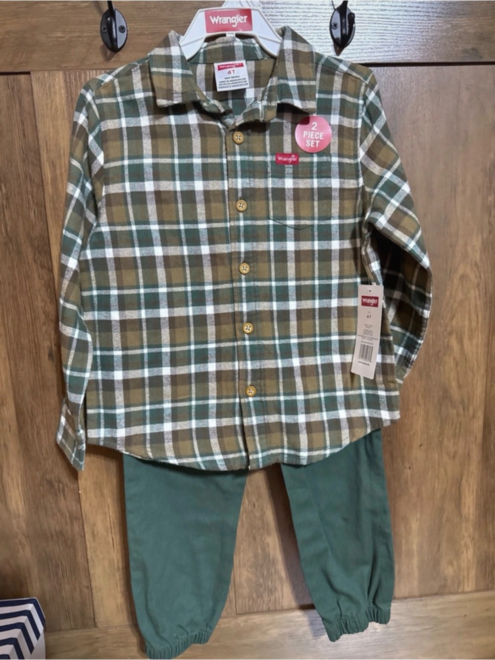 Wrangler Olive and Brown Plaid Button-Down Kids Set